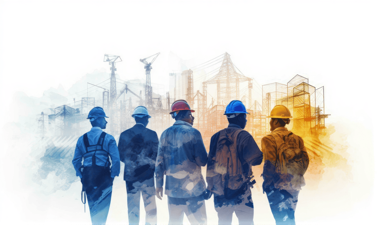 Construction workers at a building site with architectural blueprint overlay
